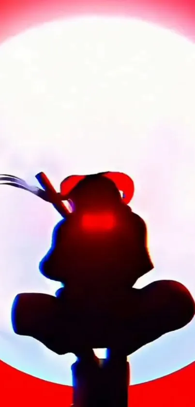 Samurai silhouette against full moon with red glow in artistic wallpaper.