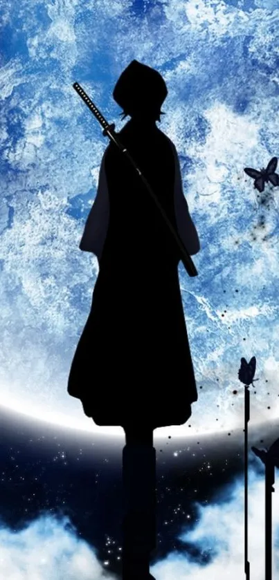 Silhouette of a samurai with a sword against a blue moonlit sky.