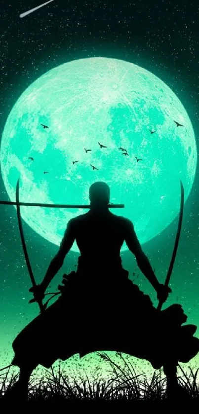 Samurai silhouette stands under a glowing full moon in artistic wallpaper.