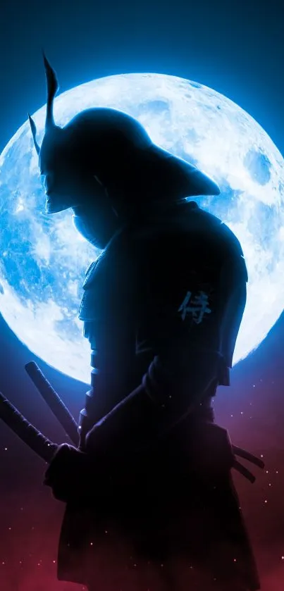 Samurai silhouette with swords against a bright moon.