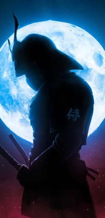 A samurai silhouette stands before a bright blue moon, creating a striking mobile wallpaper.