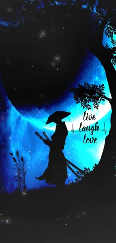 Samurai silhouette at night with a tree and moon, featuring 'live laugh love'. 