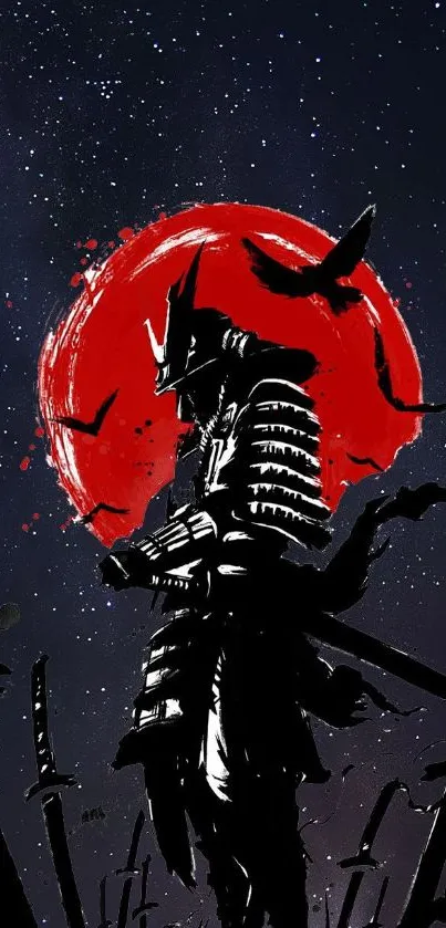 Samurai silhouette with red moon in starry sky.