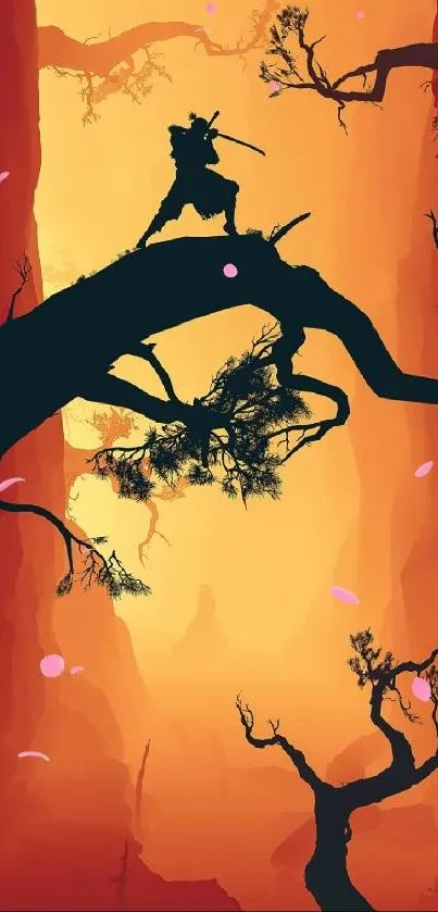 Samurai silhouette on tree against fiery sunset.