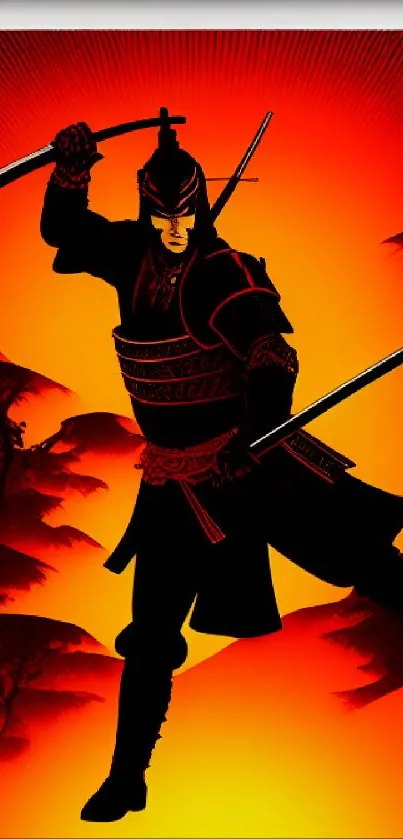 Silhouette of a samurai on a red-orange background with dynamic stance.