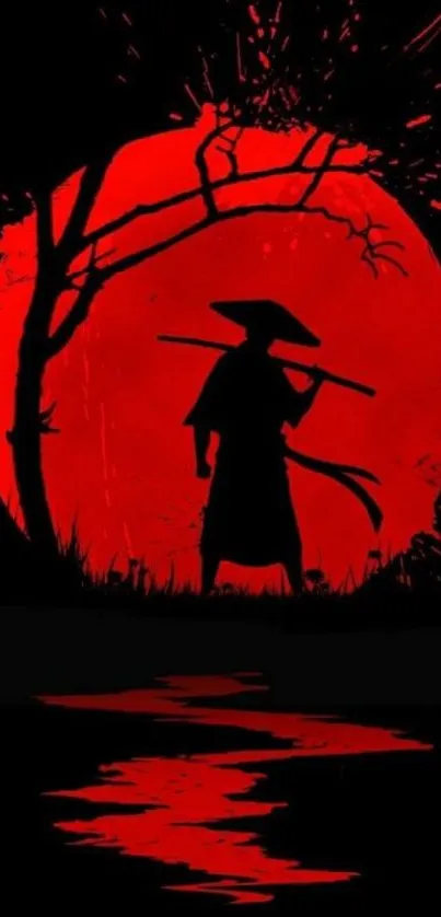 Silhouette of a samurai against a vivid red moon.