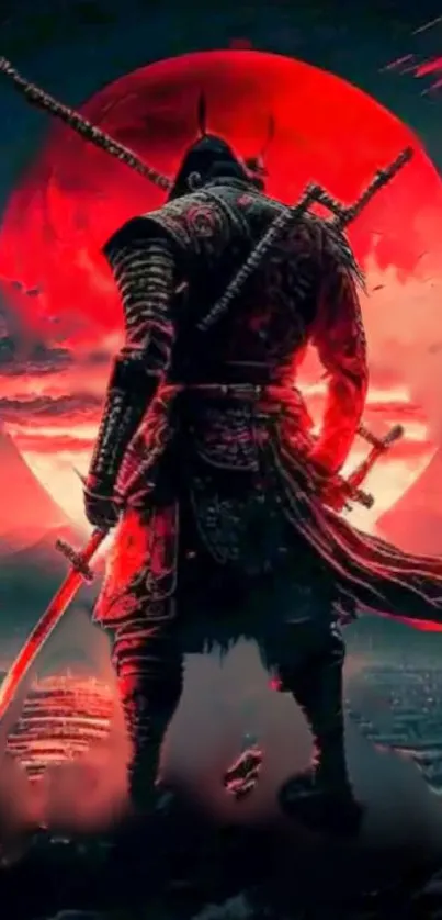 Samurai silhouette stands before a vivid red moon.