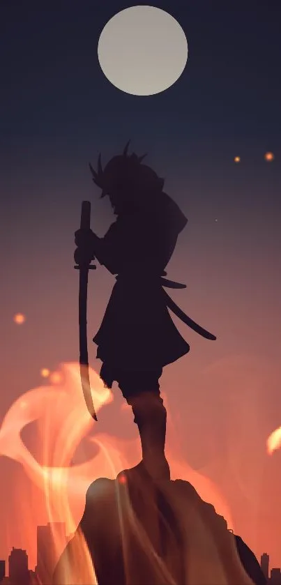 Samurai silhouette stands against a vivid sunset on a rocky outcrop, urban skyline below.