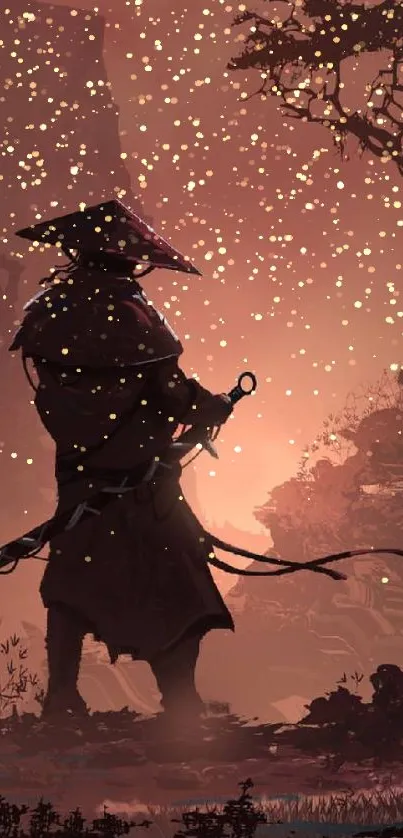 Samurai silhouette with sword at sunset.