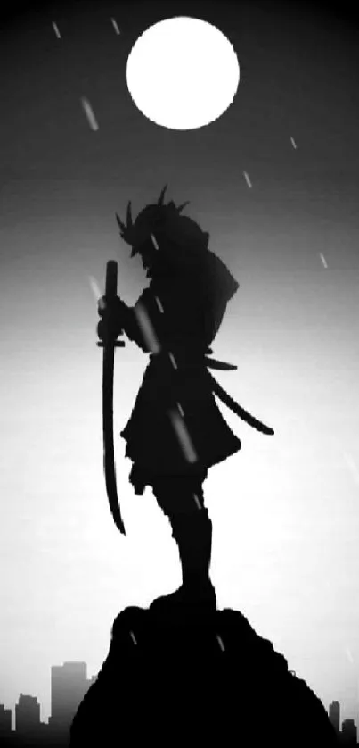 Samurai silhouette standing under a full moon in monochrome.