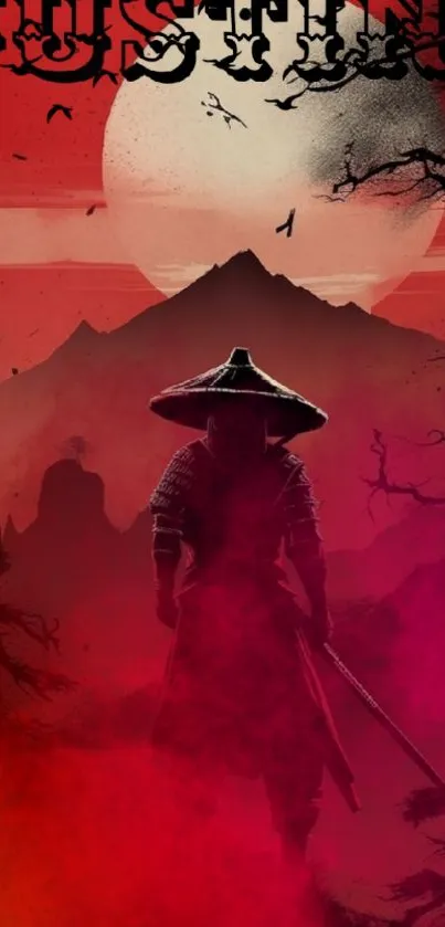 Silhouette of a samurai against a red, mystical landscape with mountains.