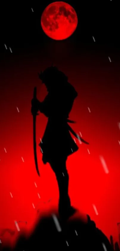 Silhouette of samurai holding sword under a red moon.