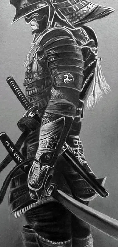 Stylish black and white samurai illustration for mobile wallpaper.