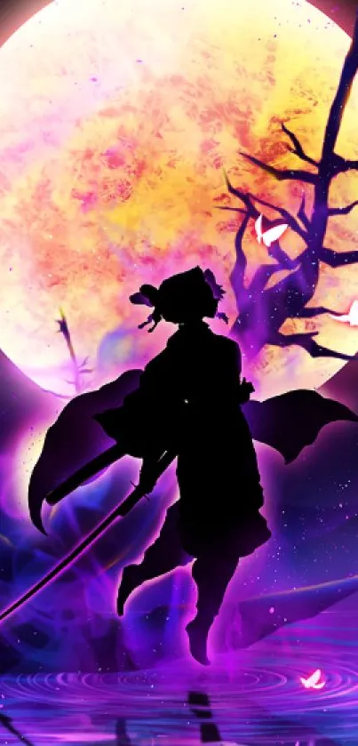 Samurai silhouette with a glowing full moon and vibrant purple hues.