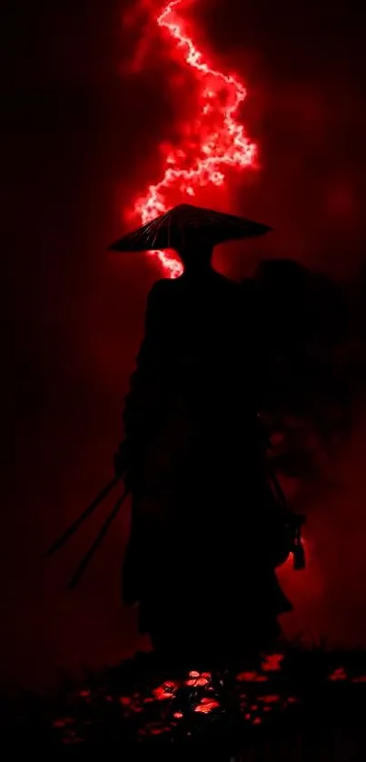 Silhouette of a samurai under red lightning in a dark setting.