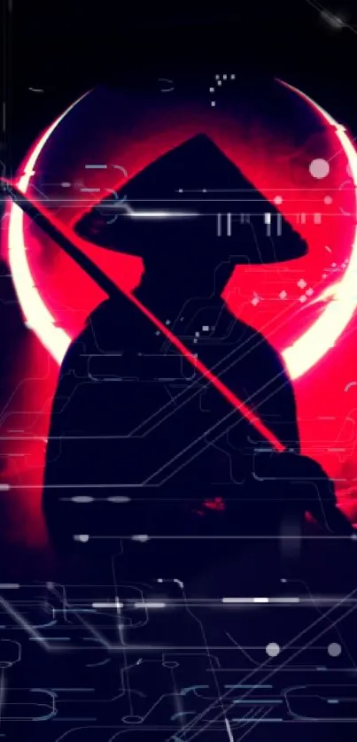 Samurai silhouette with bright red moon in digital artistic style.