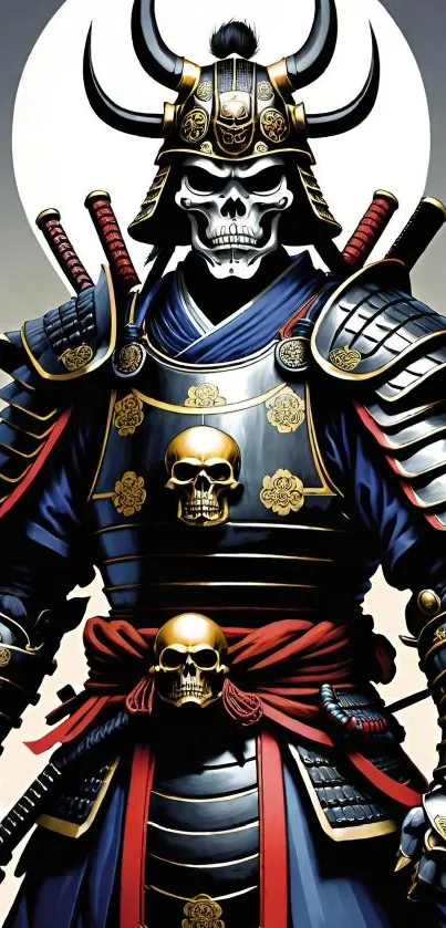 Samurai in skull armor with swords and detailed design.