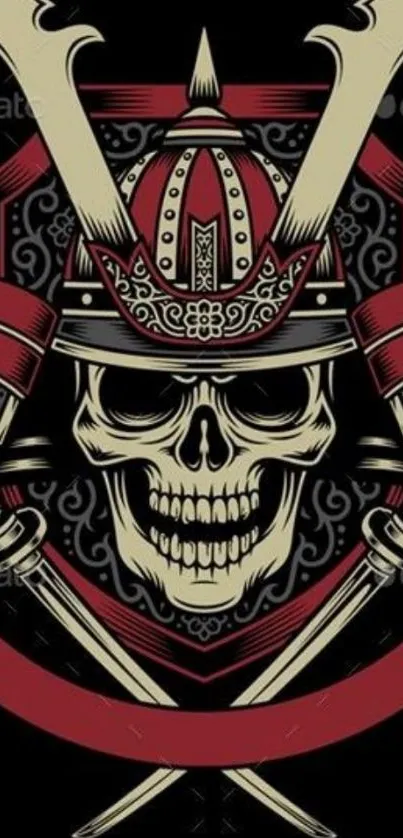 Samurai skull with crossed swords on dark background.