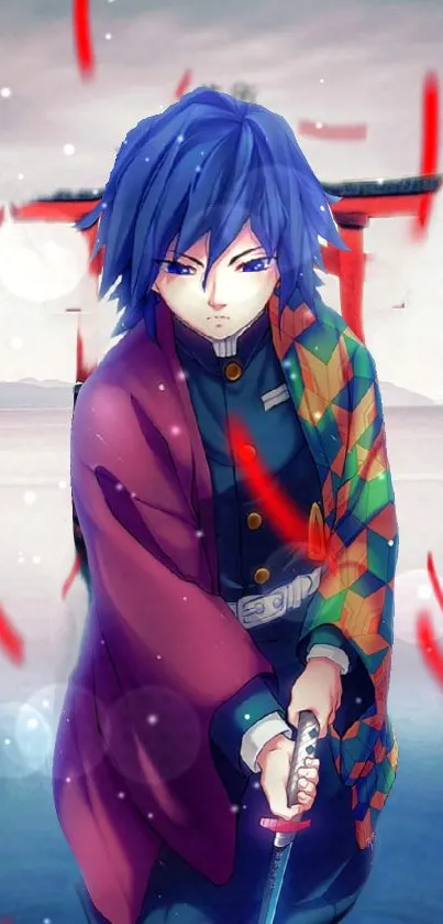 Anime samurai with blue hair and kimono, holding a sword amid a misty backdrop.