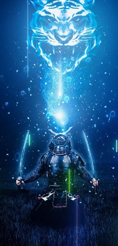 Samurai meditating with glowing blue tiger spirit.