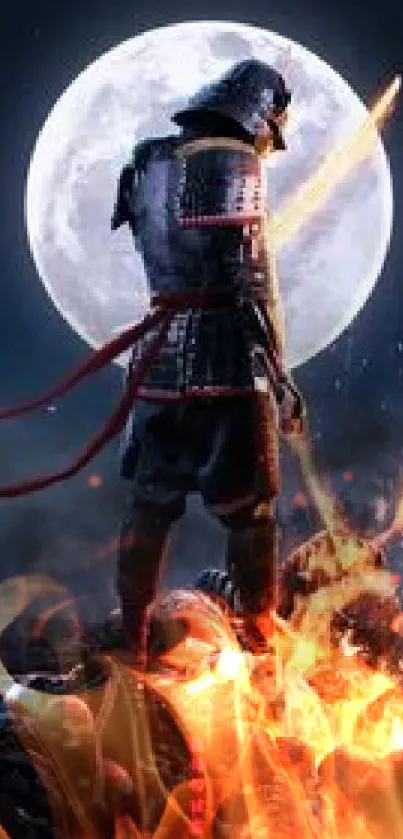 Samurai standing under moonlight with fire, showcasing a mystical night scene.