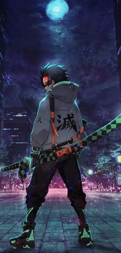 Samurai stands on a moonlit city street in anime-style wallpaper.