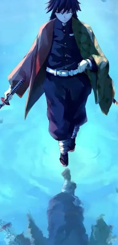 Samurai character walking on blue water with a mystical ambiance in anime style.