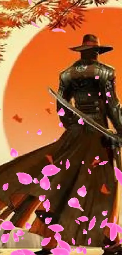 Samurai with sword at sunset, artistic mobile wallpaper.