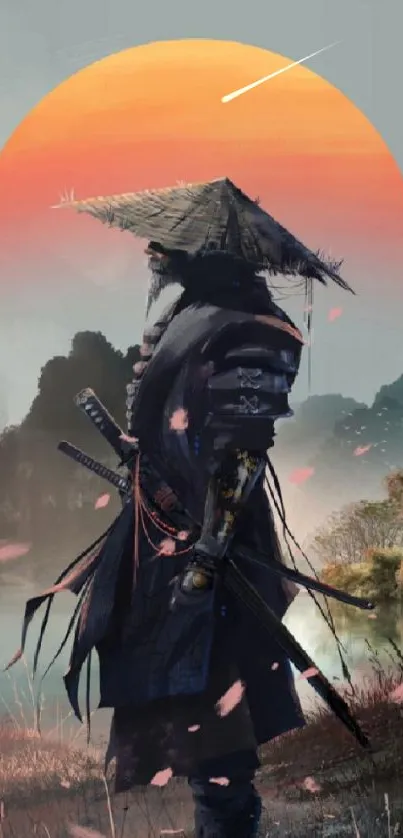 Samurai stands against a vibrant sunset.