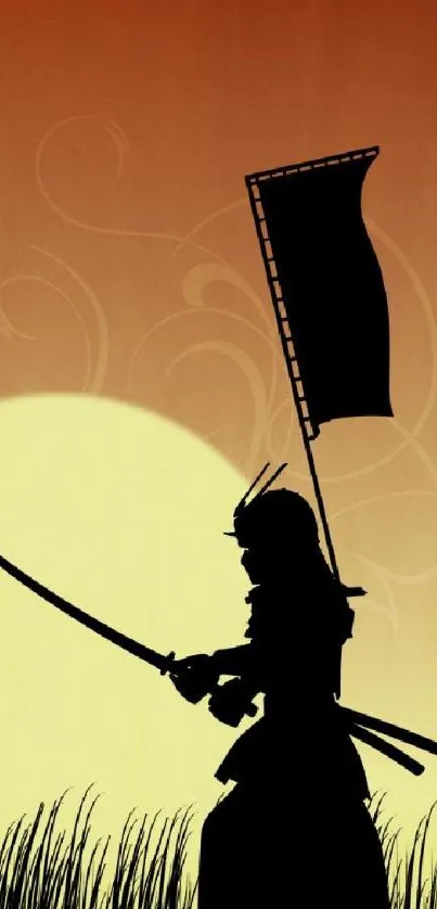 Samurai silhouette stands against a sunset with a flag.