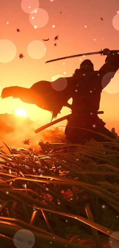 Samurai with sword at sunset, silhouetted against a vibrant orange sky.