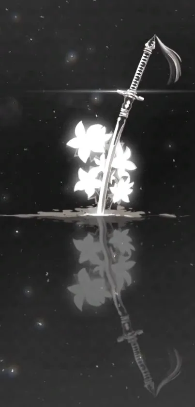 Samurai sword with white flowers on black background.