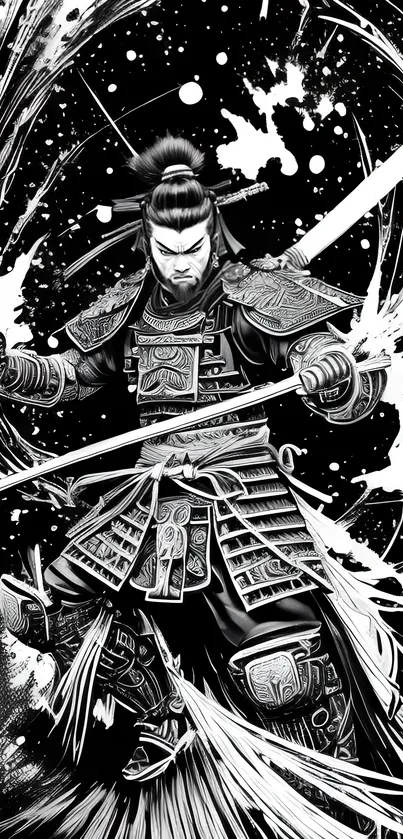 Black and white samurai artwork with dynamic swordplay.