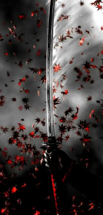 Samurai sword with falling red leaves on mobile wallpaper.