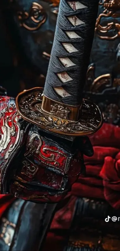 Close-up of ornate samurai sword and armor.