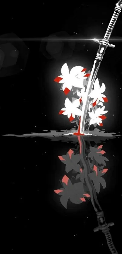 Samurai sword with white flowers on a black background.