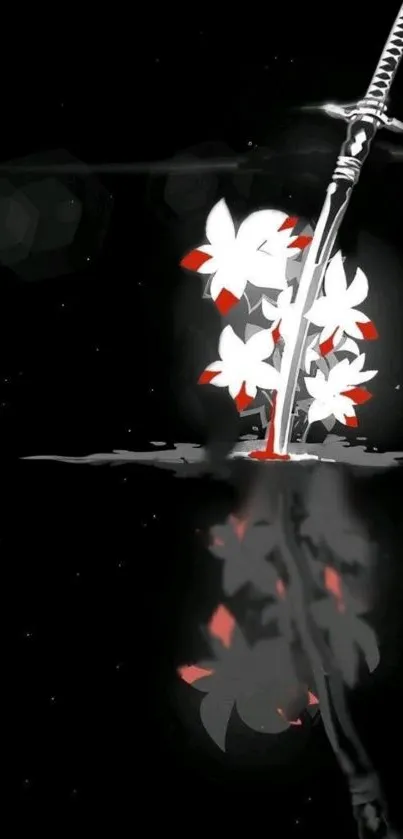 Samurai sword and red flowers in water reflection on a black background.