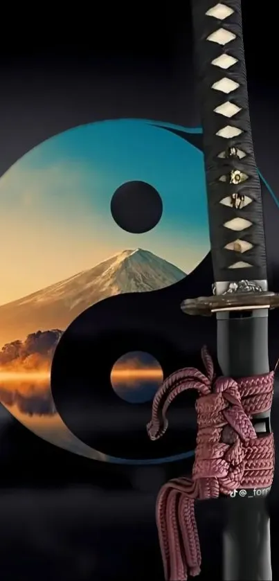 Samurai sword with yin-yang symbol and scenic background.