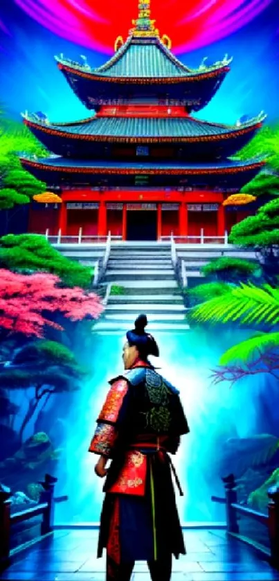 Samurai standing before a vibrant Japanese temple surrounded by lush nature.