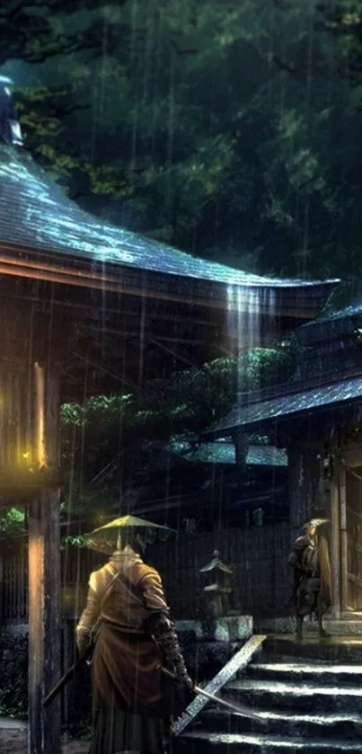 Samurai standing by a temple at night in the rain.