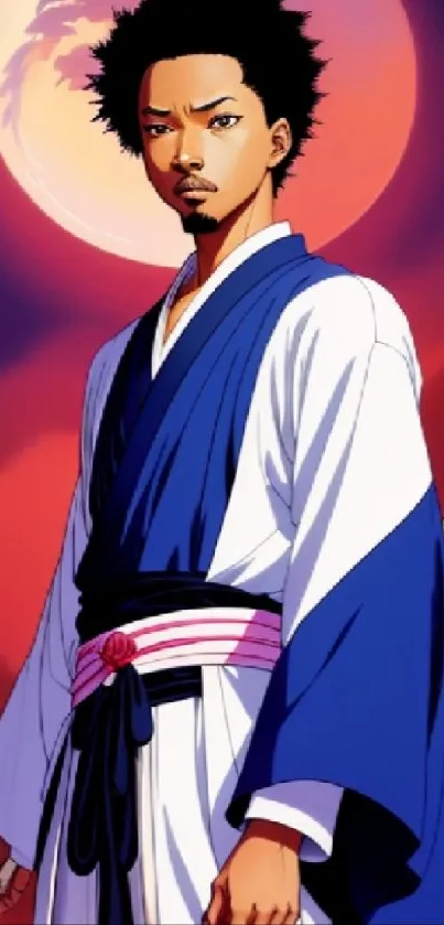 Samurai standing under a vibrant red moonlit sky, holding a sword, vivid anime style.