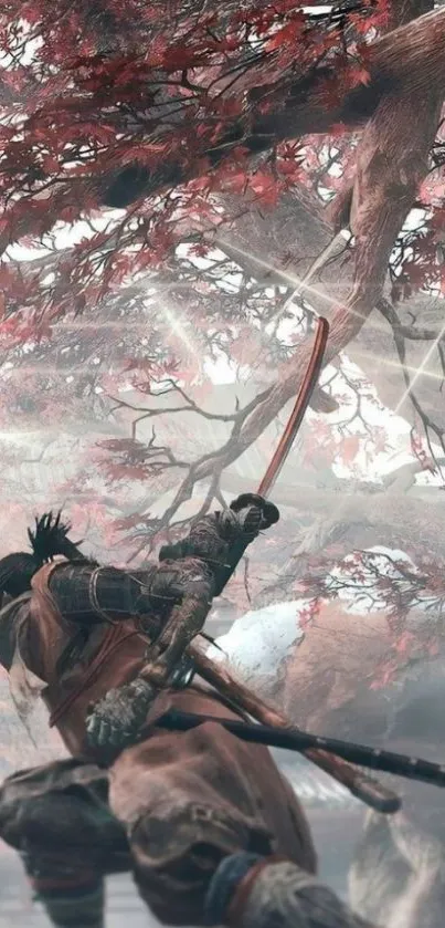 Samurai warrior amid autumn red leaves in dynamic action pose.