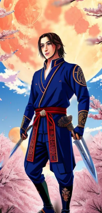 Samurai warrior under a cherry blossom moon with swords.