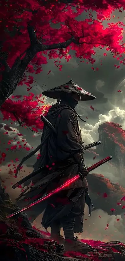 Samurai standing under red leaves with a sword.