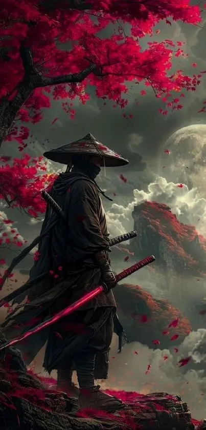 Samurai stands under red leaves with a moonlit mystical backdrop.