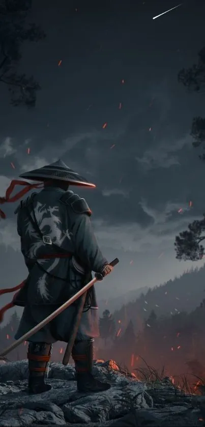 Samurai with sword under stormy night sky with fiery embers.