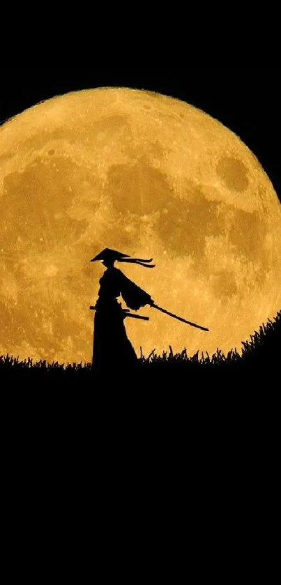 Samurai silhouette against a full moon on a dark background.