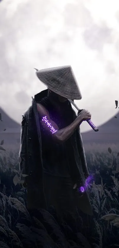 Samurai with purple glowing sword under full moon.