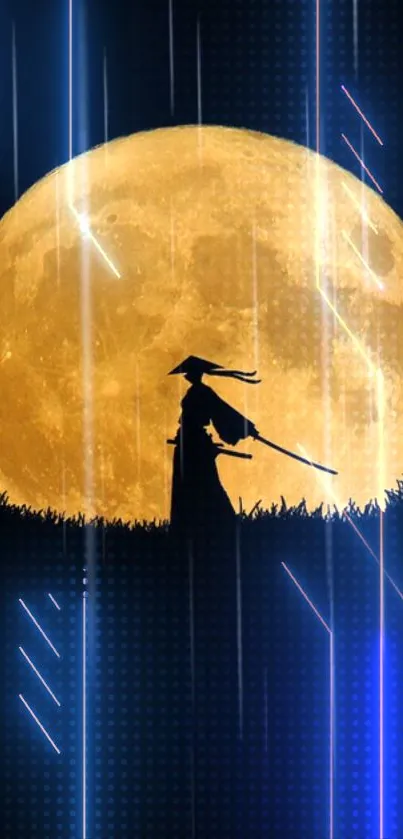 Samurai silhouette under a full moon with digital rain effects.