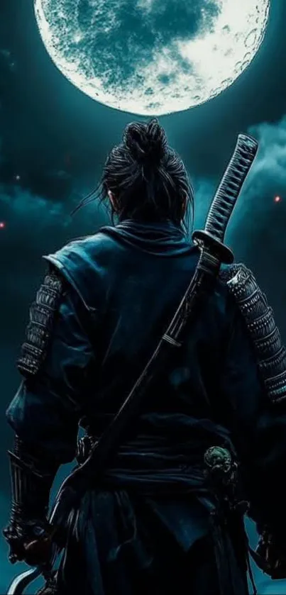 Samurai stands under a luminous full moon.